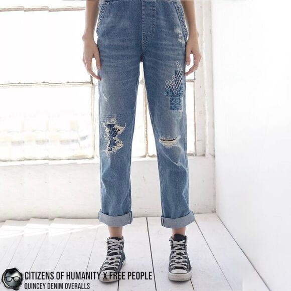 CITIZENS OF HUMANITY X FREE PEOPLE QUINCEY PATCHWORK EMBROIDERED DENIM OVERALLS - Picture 7 of 16